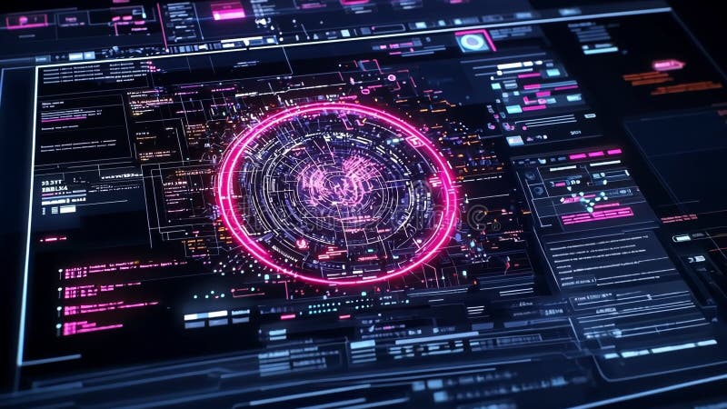 Futuristisk hubbskärm med roterande cirklar och dataanalysbearbetning royaltyfri illustrationer