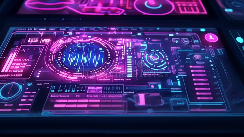Futuristisk hubbskärm som visar komplexa dataanalyser och databehandling stock illustrationer