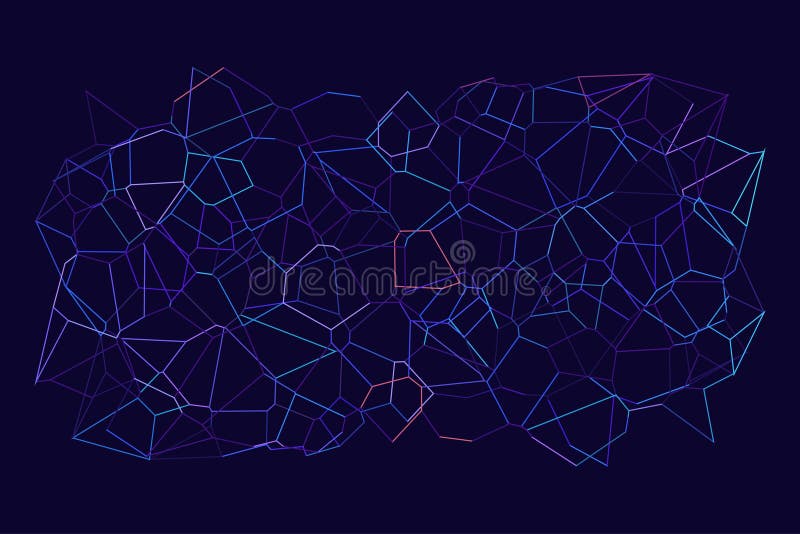 Futuristisk illustration av geometriskt nätverk. Intrikera nät med blå och rosa linjer som bildar polygonformer mot mörka linjer stock illustrationer