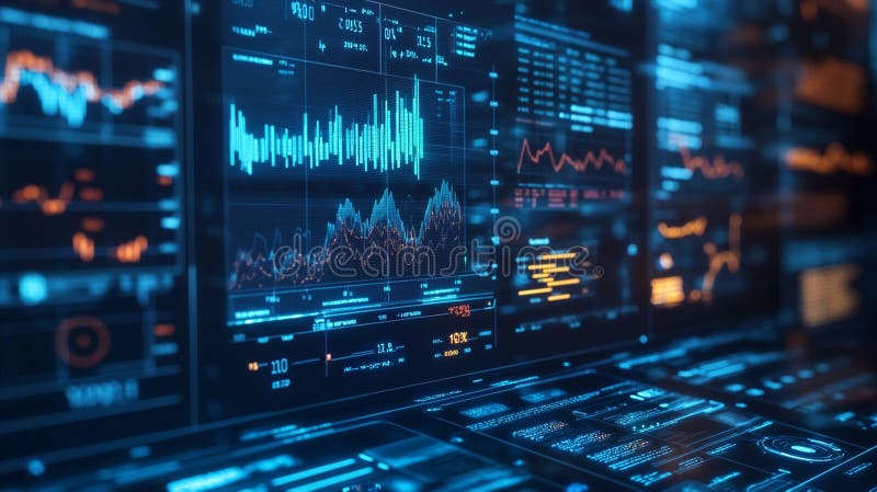 Futuristisk instrumentpanel som visar AI-drivna algoritmer och dataanalys med klara diagram och mått. gränssnittsvisa vektor illustrationer