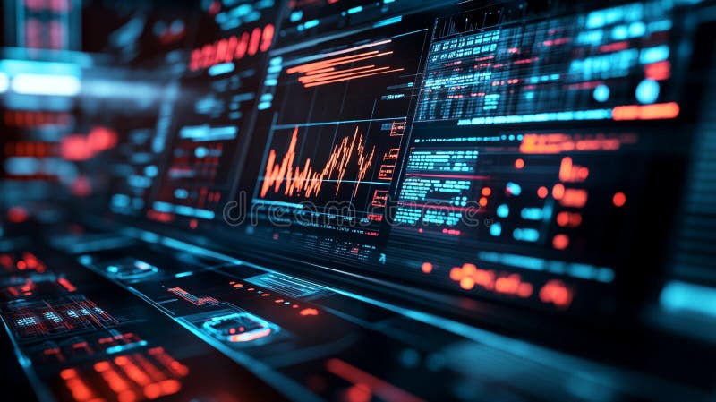 Futuristisk instrumentpanel som visar AI-drivna algoritmer och dataanalys. pulserande färger och avancerade utformningar skapar hö stock illustrationer