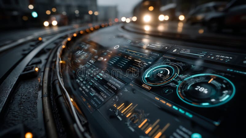 Futuristisk instrumentpanel som visar avancerad teknik med lysande gränssnitt och dataanalys som är inställda i modern stadsmiljö stock illustrationer