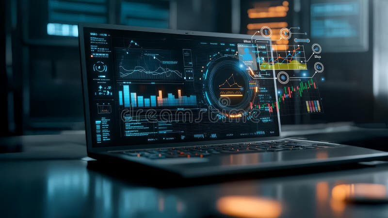 Futuristisk instrumentpanel som visar dataanalys ovanför en bärbar dator med klara diagram och diagram på modern arbetsyta vektor illustrationer