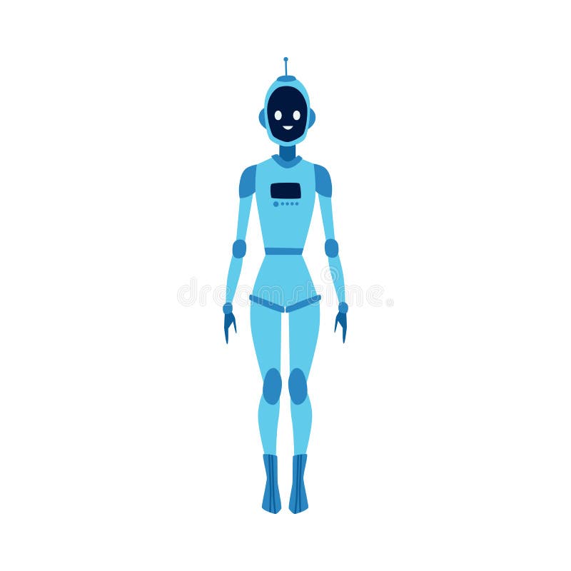 Futuristisk kartoonrobotkvinna som ler och står isolerad på vit bakgrund royaltyfri illustrationer Futuristisk kartoonrobotkvinna som ler och står isolerad på vit bakgrund royaltyfri illustrationer