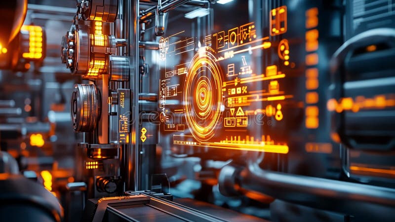 Futuristisk kontrollpanel som visar dataanalys i en komplex industriell miljö stock illustrationer