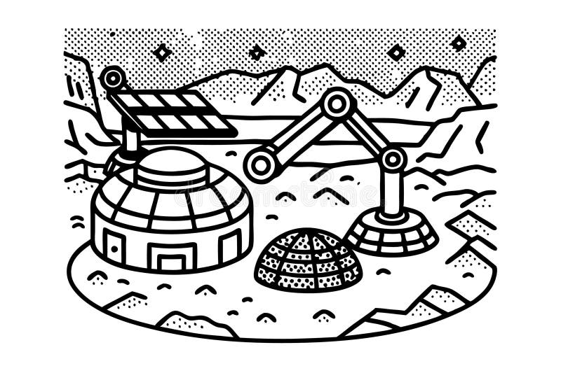 Futuristisk lunarkolonisillustration med domelivsmiljöer och robotarmen på bergig yta AI Generative