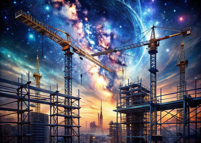 Futuristisk metallstruktur under en stjärnnattskis A Nighttime Construction Marvel vektor illustrationer