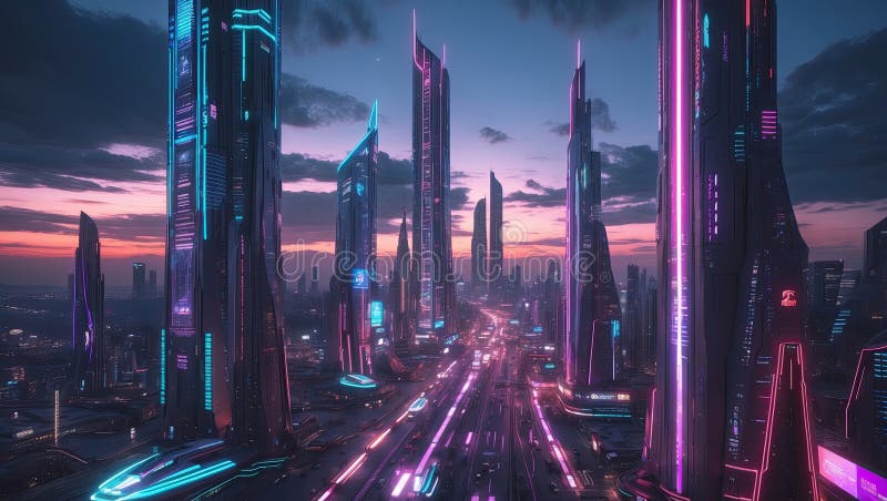 Futuristisk Metropolis i Dusk med Vibrant Neon-belysning royaltyfri illustrationer