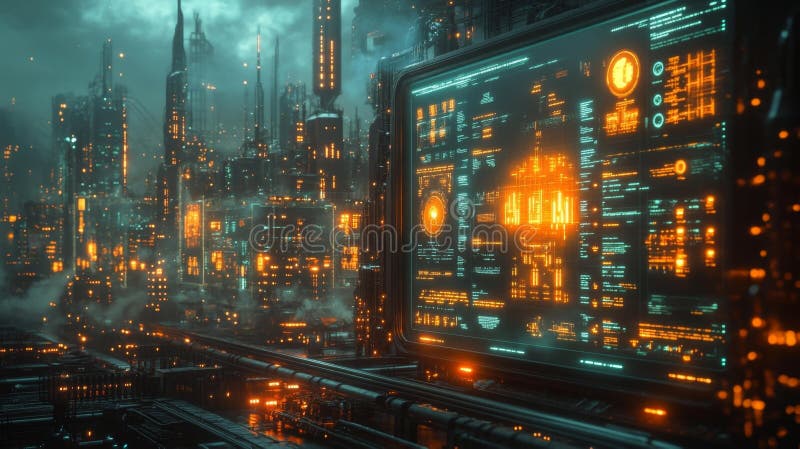 Futuristisk Metropolis med digitala gränssnitt vektor illustrationer