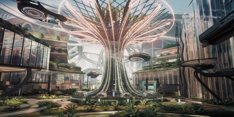 Futuristisk Metropolis med Etheral Spiraling Tower och Lush Greenery stock illustrationer