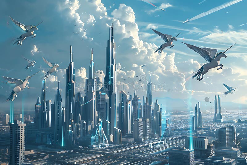 Futuristisk Metropolis med flygande universitet som växer upp ovan stock illustrationer