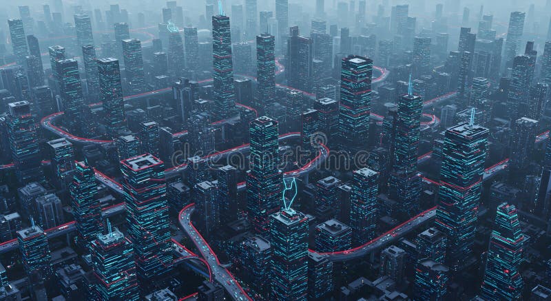 Futuristisk metropolis med höjda motorvägar och ljusnande ljus i skymningen royaltyfri illustrationer