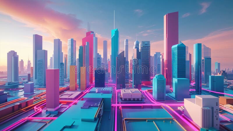 Futuristisk metropolis med ljusnande nyvägar vid solnedgången vektor illustrationer