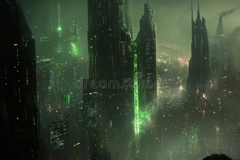 Futuristisk Metropolis med Neon Glow och Tall Skyscrapers på natten stock illustrationer