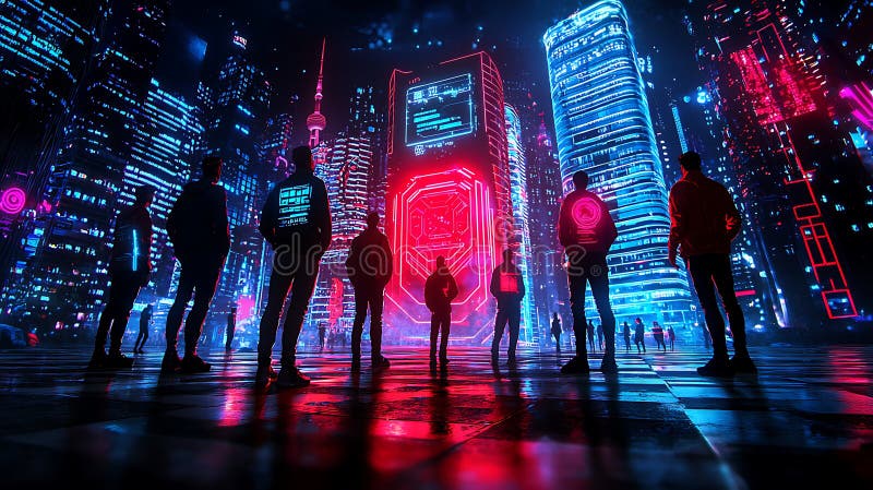 Futuristisk metropolis med olika folkmassor nattetid royaltyfri illustrationer