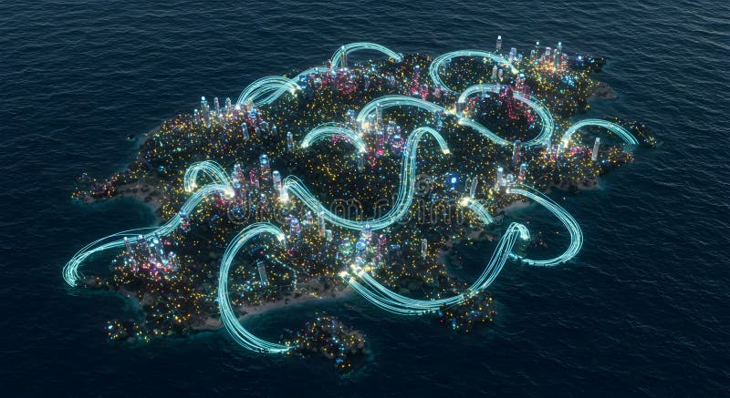 Futuristisk metropolis på ön med anslutet nätverk och pulserande luminositet royaltyfri illustrationer