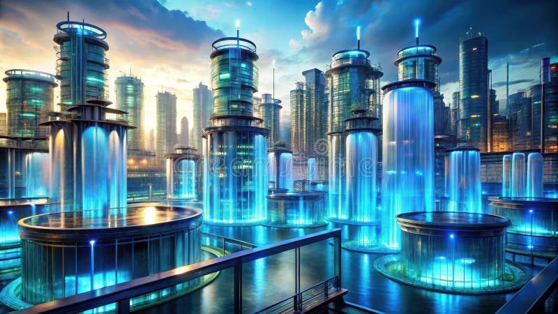 Futuristisk metropolis som vid solnedgången belyses av akvarieserier. Generativ AI vektor illustrationer