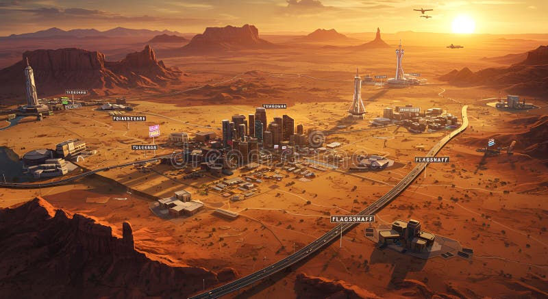 Futuristisk metropolis som är inkapslad i ett torkat ökenlandskap under en gyllene solnedgång stock illustrationer
