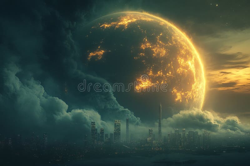 Futuristisk metropolis, upplyst av en kelestial fenomenon royaltyfri illustrationer