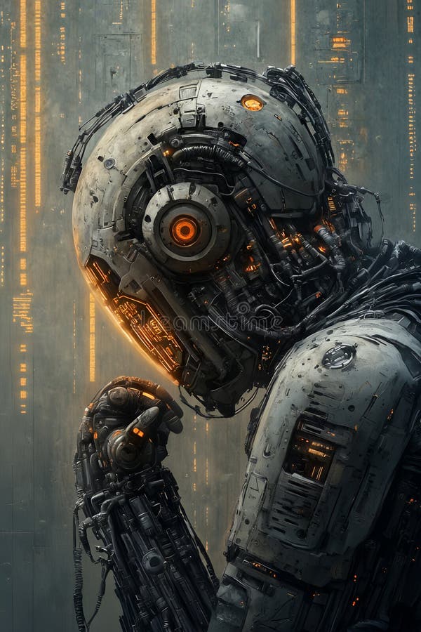 Futuristisk robot med invecklad mekanisk design och glödande orange element i en vetenskaplig miljö stock illustrationer