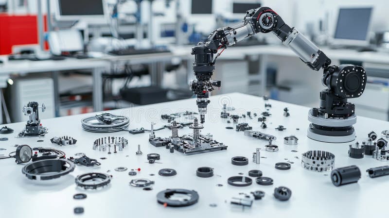 Futuristisk robotarm samlar effektivt mekaniska delar i högteknologiska laboratorier. automatiseringskoncept fotografering för bildbyråer