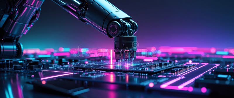 Futuristisk robotisk arm som samlar kretskort i nytändljus. arkivbild