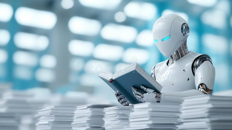 Futuristisk robotläsbok bland pappersstaplar royaltyfri bild