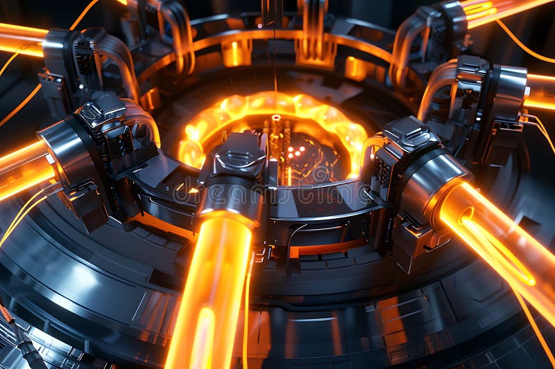 Futuristisk sciFi-reaktorkärna med glokande orangefärgade energitubbar royaltyfri illustrationer