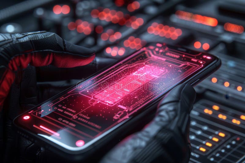 Futuristisk smartphone visualiserar dataflöde och kvantkryptografi med nyare ljusa element vektor illustrationer