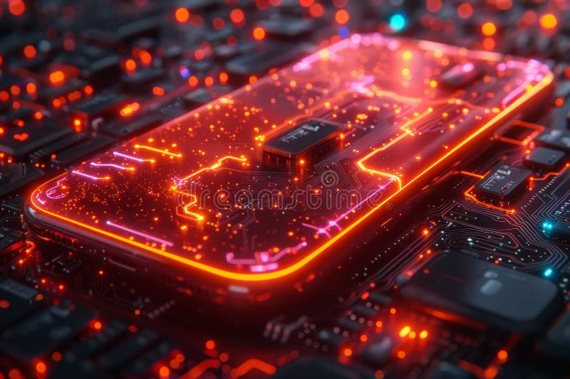 Futuristisk smarttelefon med quantum-kryptografisk digital nycklar och ljusa nyonljuselement royaltyfri illustrationer