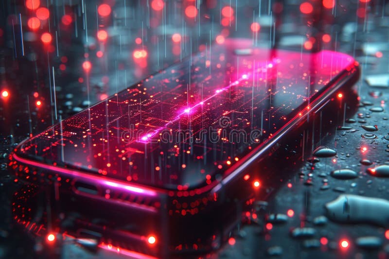 Futuristisk smarttelefon som illustrerar kvantkryptografi med digitala nycklar och klara neonfärger stock illustrationer