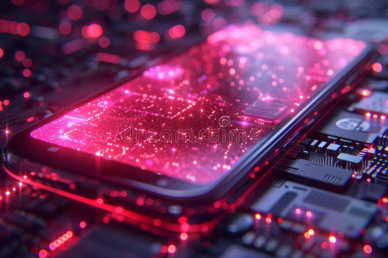 Futuristisk smarttelefon som illustrerar kvantkryptografi och digital säkerhet med näthinneaccenter royaltyfri illustrationer