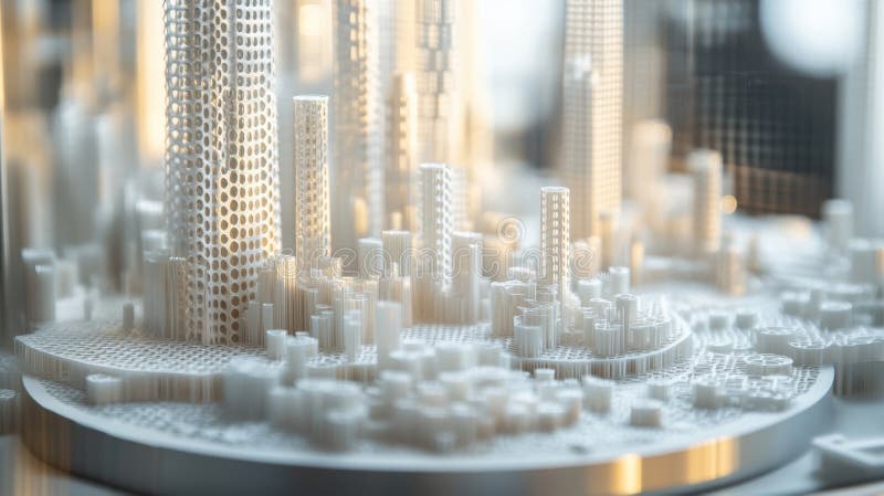 Futuristisk stadsmodell som uppvisar en komplicerad arkitekturisk design royaltyfri illustrationer