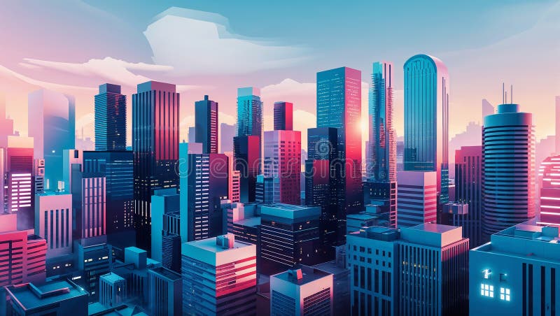 Futuristisk storstad som växer fram under pastellsoluppgång, modernt stadslandskap vektor illustrationer