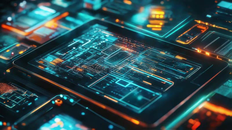 Futuristisk tablett som visar komplex dataanalys och bearbetningsinformation royaltyfri illustrationer