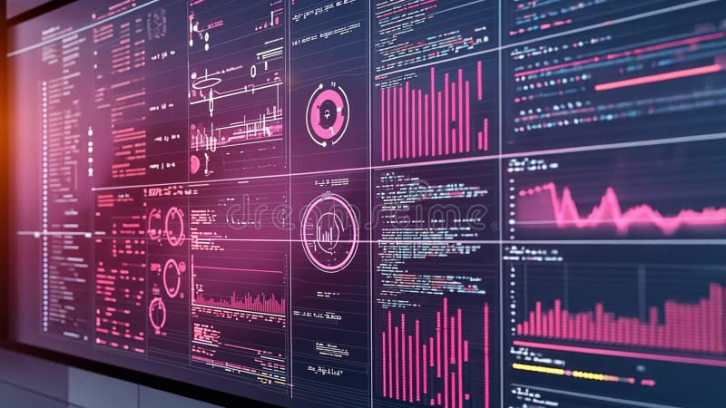 Futuristisk teknisk dataanalys som visas på flera skärmar stock illustrationer