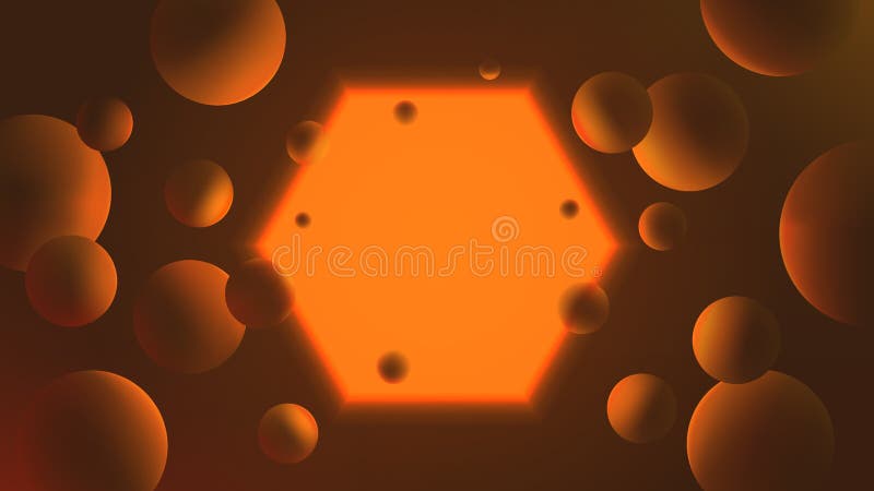 Futuristisk vektorövertoningsaffisch med glödande orange hexagon på mörk bakgrundsbelysning med reflex på sfärer abstrakt stock illustrationer