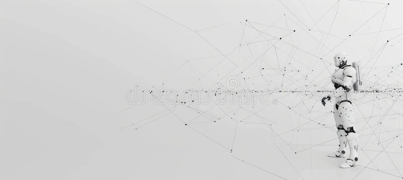 Futuristisk vit robot med digitala nätverksanslutningar i 3d-återgivningsutrymme för textplacering stock illustrationer