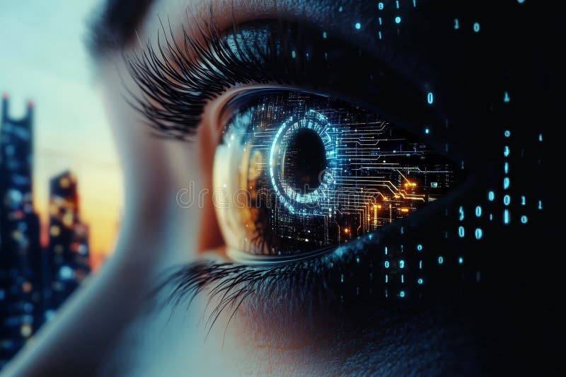 Futuristiska cybernetiska Cityscape Digital Biometric-innovationer med Eye Scan och Neural Connections vektor illustrationer