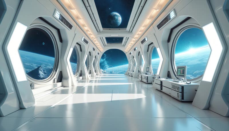 Futuristiska rymdfarleder med panoramavisk vy. Ljusare insida i 3D-rendering. Utrymmesstation med jordvy vektor illustrationer