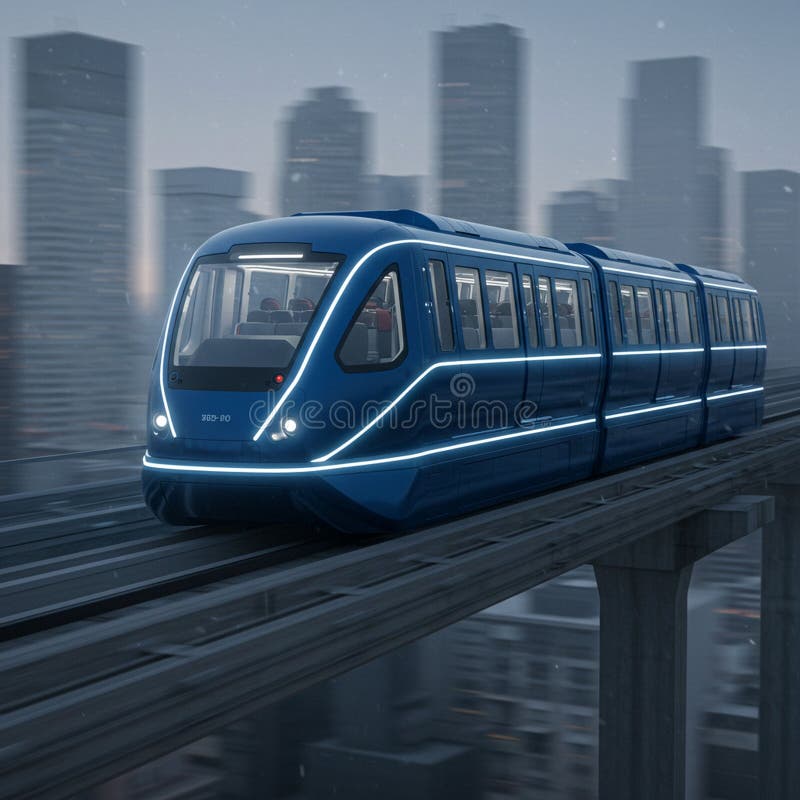 Futuristiskt blått tåg som färdas på ett upphöjt spår genom ett dimmigt stadslandskap. vektor illustrationer