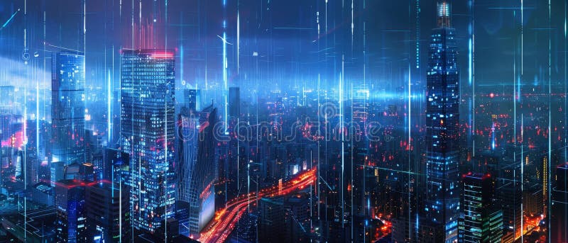 Futuristiskt cityscape med cybernetiska skyskrapor nattetid stock illustrationer