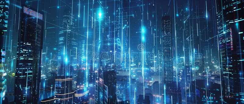 Futuristiskt cityscape med cybernetiska skyskrapor nattetid royaltyfri illustrationer