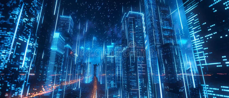 Futuristiskt cityscape med cybernetiska skyskrapor nattetid vektor illustrationer