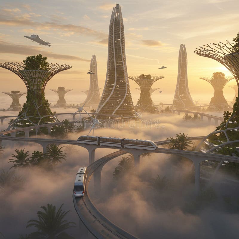Futuristiskt cityscape med höga skyskrapor med integrerad grön i ett royaltyfri illustrationer