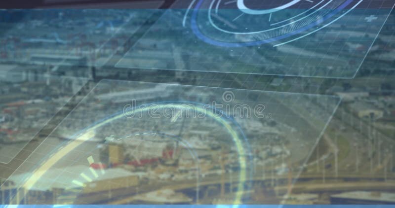 Futuristiskt digitalt gränssnitt animerad över markytan av stadslandskapet arkivfilmer