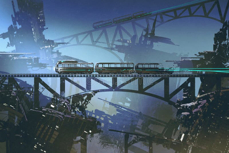 Futuristiskt drev på järnväg och bro i övergiven stad stock illustrationer