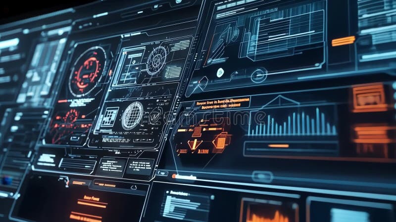 Futuristiskt gränssnitt med komplex dataanalys och cybersäkerhetsinformation stock illustrationer