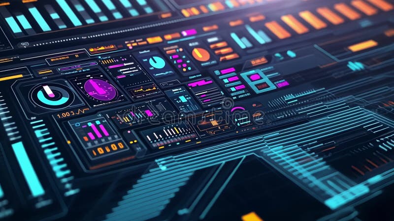 Futuristiskt gränssnitt som visar komplexa dataanalyser och prestandamätningar stock illustrationer