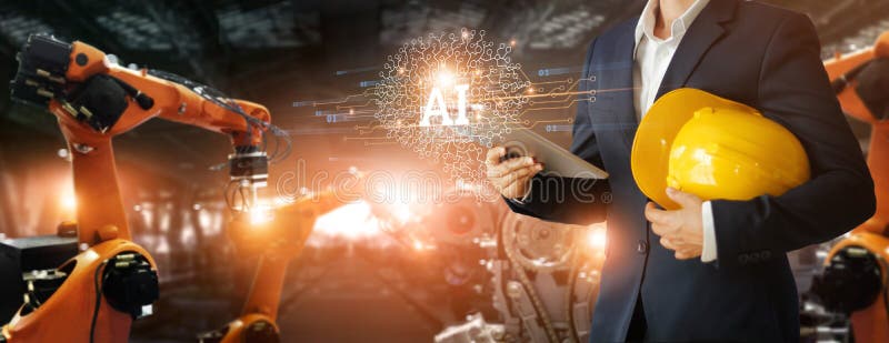 Futuristiskt industrikoncept för artificiell intelligens, Manager Technical Industrial Engineer analyserar och kontrollerar robot arkivfoton